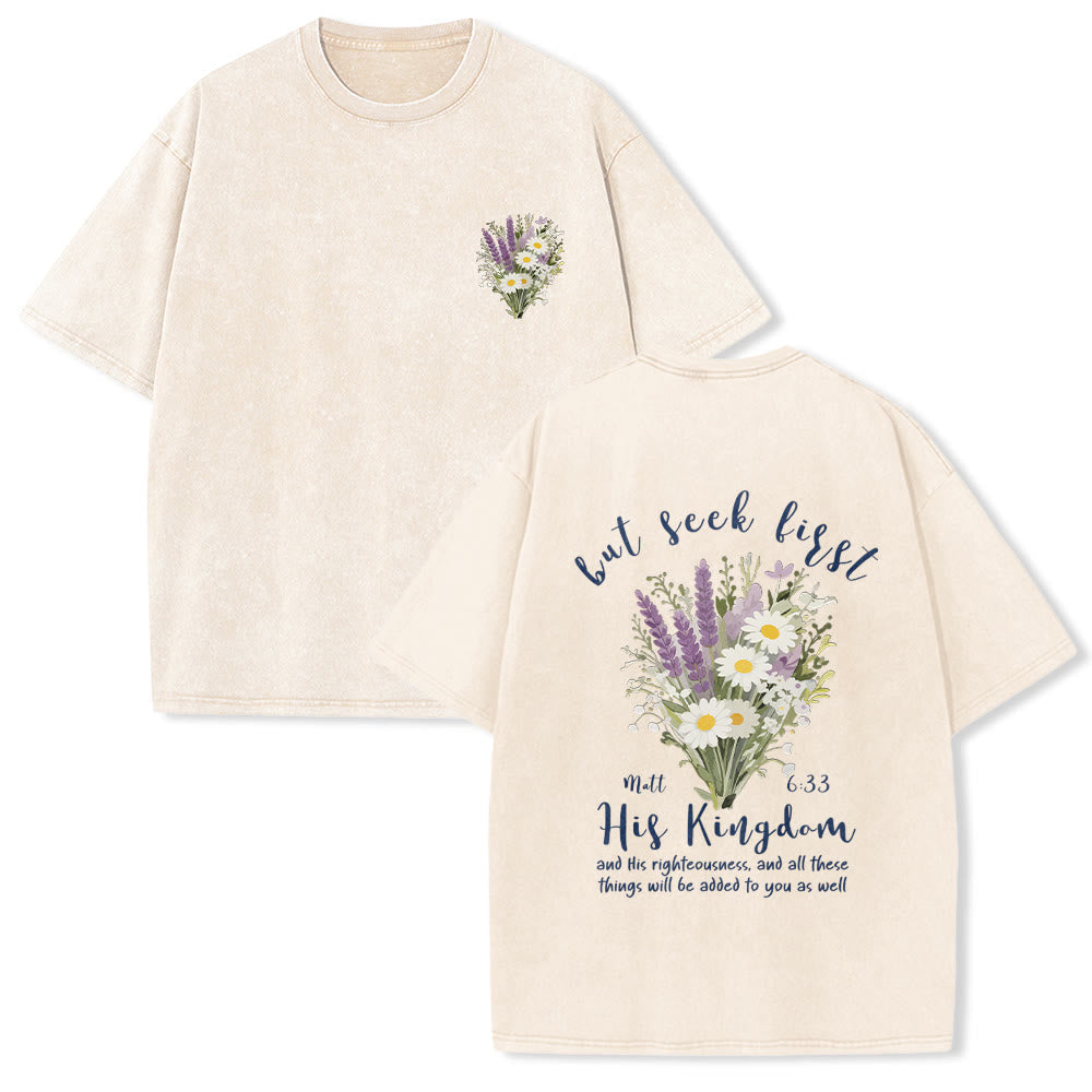 Christianartworkshop Tiny Lavender Daisy Bouquet Large Back Floral Arrangement Inspirational Verse Washed T-Shirt