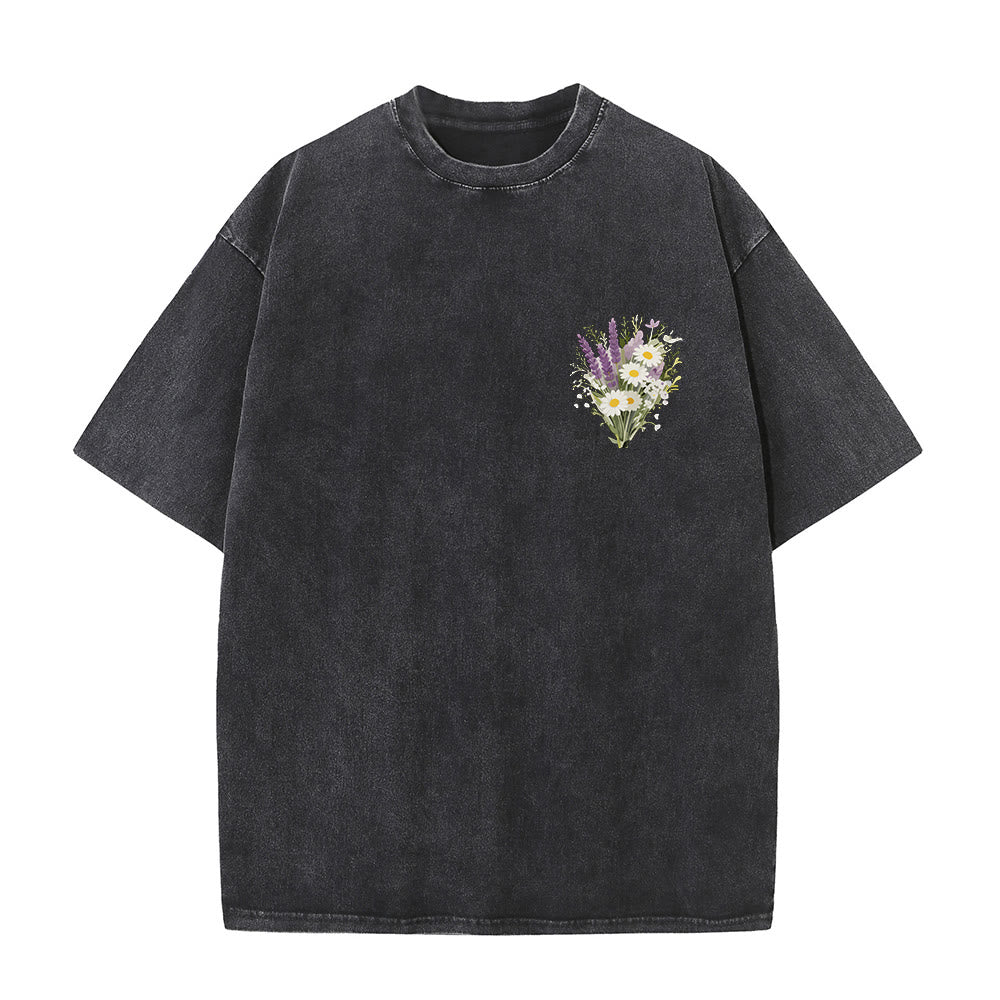 Christianartworkshop Tiny Lavender Daisy Bouquet Large Back Floral Arrangement Inspirational Verse Washed T-Shirt