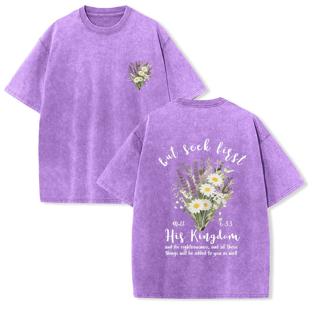 Christianartworkshop Tiny Lavender Daisy Bouquet Large Back Floral Arrangement Inspirational Verse Washed T-Shirt