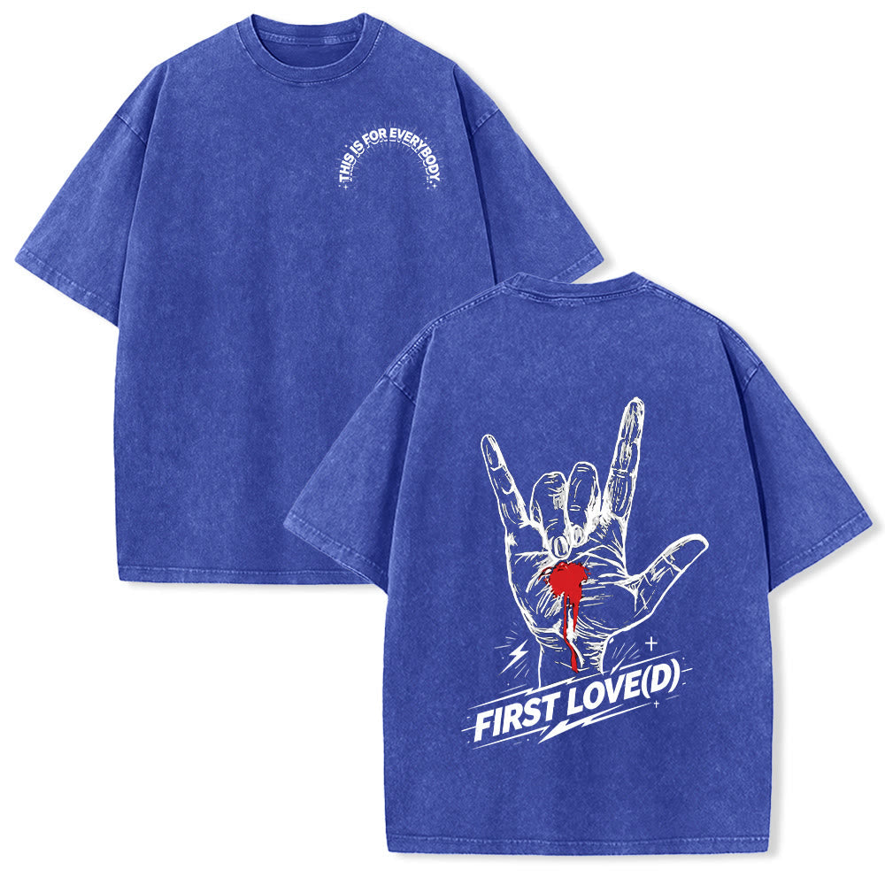 Christianartworkshop Grunge Rock Hand Bleeding Heart Graphic Arch Slogan Front Large First Love Letter Back Washed T-Shirt