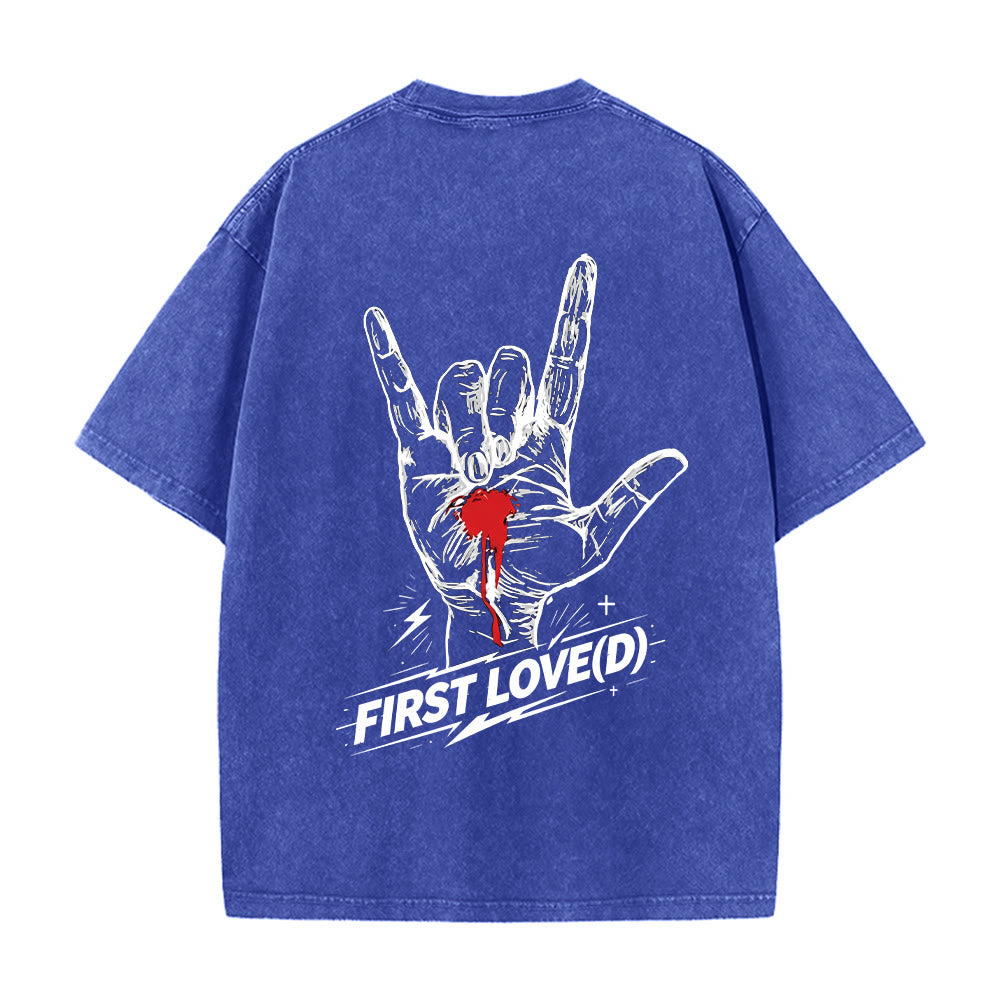 Christianartworkshop Grunge Rock Hand Bleeding Heart Graphic Arch Slogan Front Large First Love Letter Back Washed T-Shirt