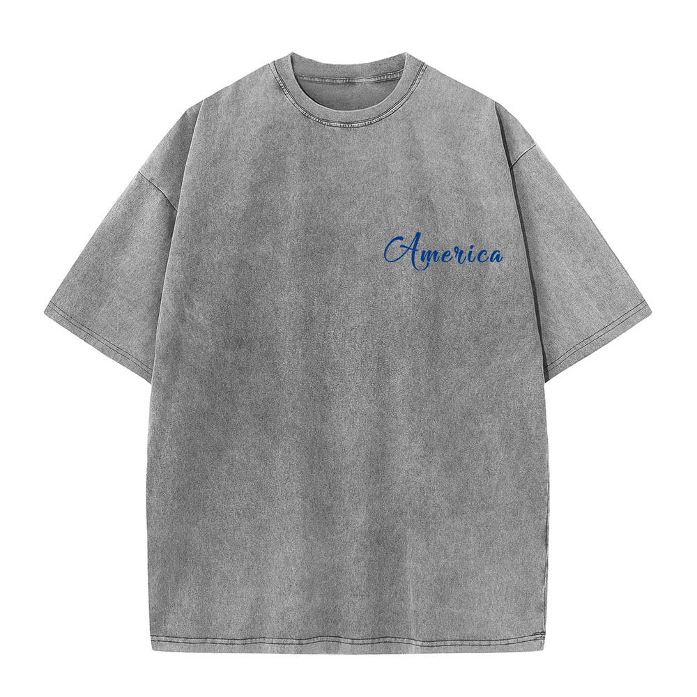 Christianartworkshop America 1776 Faith Freedom & Family Contrast Red Blue Cursive Block Dual Print Vintage Washed T-Shirt