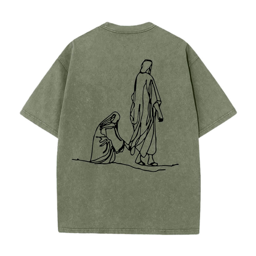 Christianartworkshop Matthew 9:20鈥?2 Faith Quote Front Bleeding Woman Touch Christ Robe Line Art Rear Print Washed T鈥慡hirt