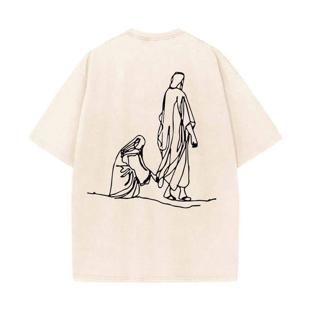 Christianartworkshop Matthew 9:20鈥?2 Faith Quote Front Bleeding Woman Touch Christ Robe Line Art Rear Print Washed T鈥慡hirt