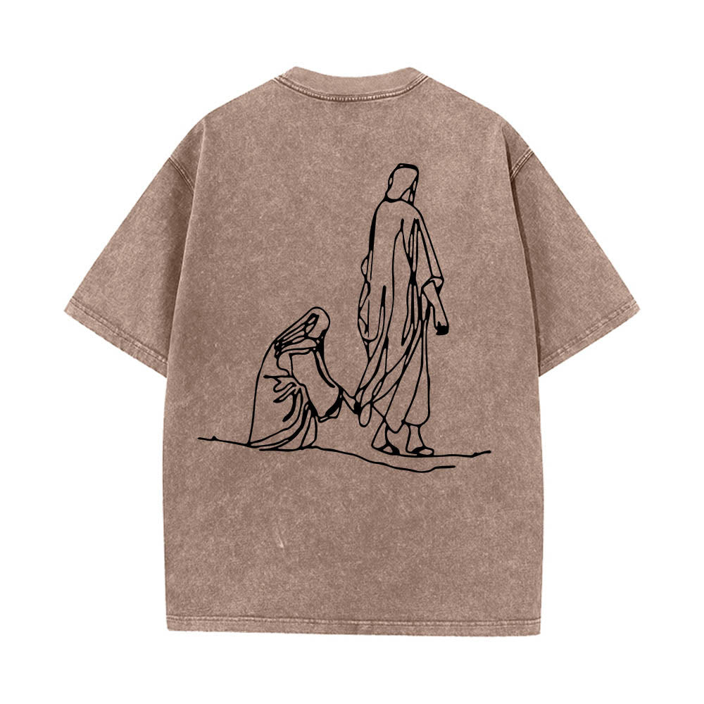 Christianartworkshop Matthew 9:20鈥?2 Faith Quote Front Bleeding Woman Touch Christ Robe Line Art Rear Print Washed T鈥慡hirt