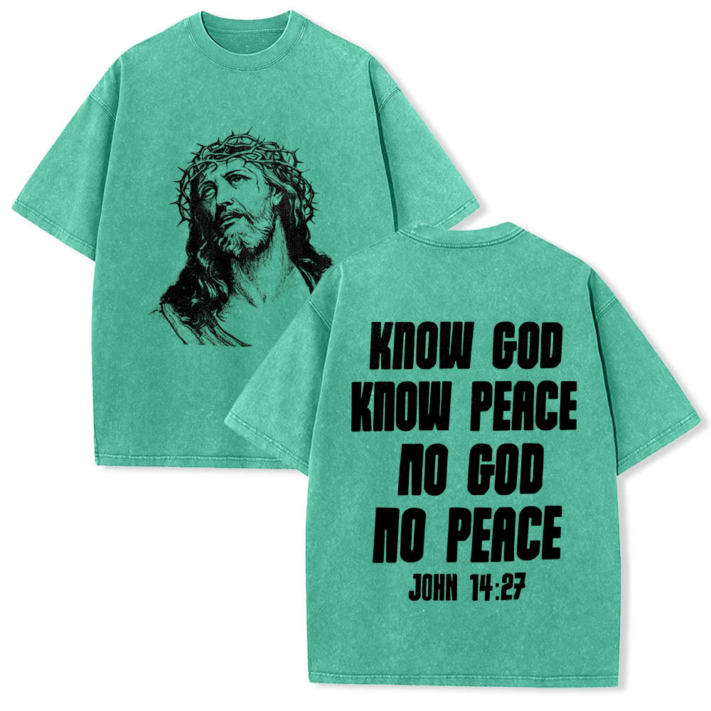 Christianartworkshop Thorn Crown Jesus Bust Front Know God Know Peace John 14:27 Rear Dual Side Print Washed T鈥慡hirt