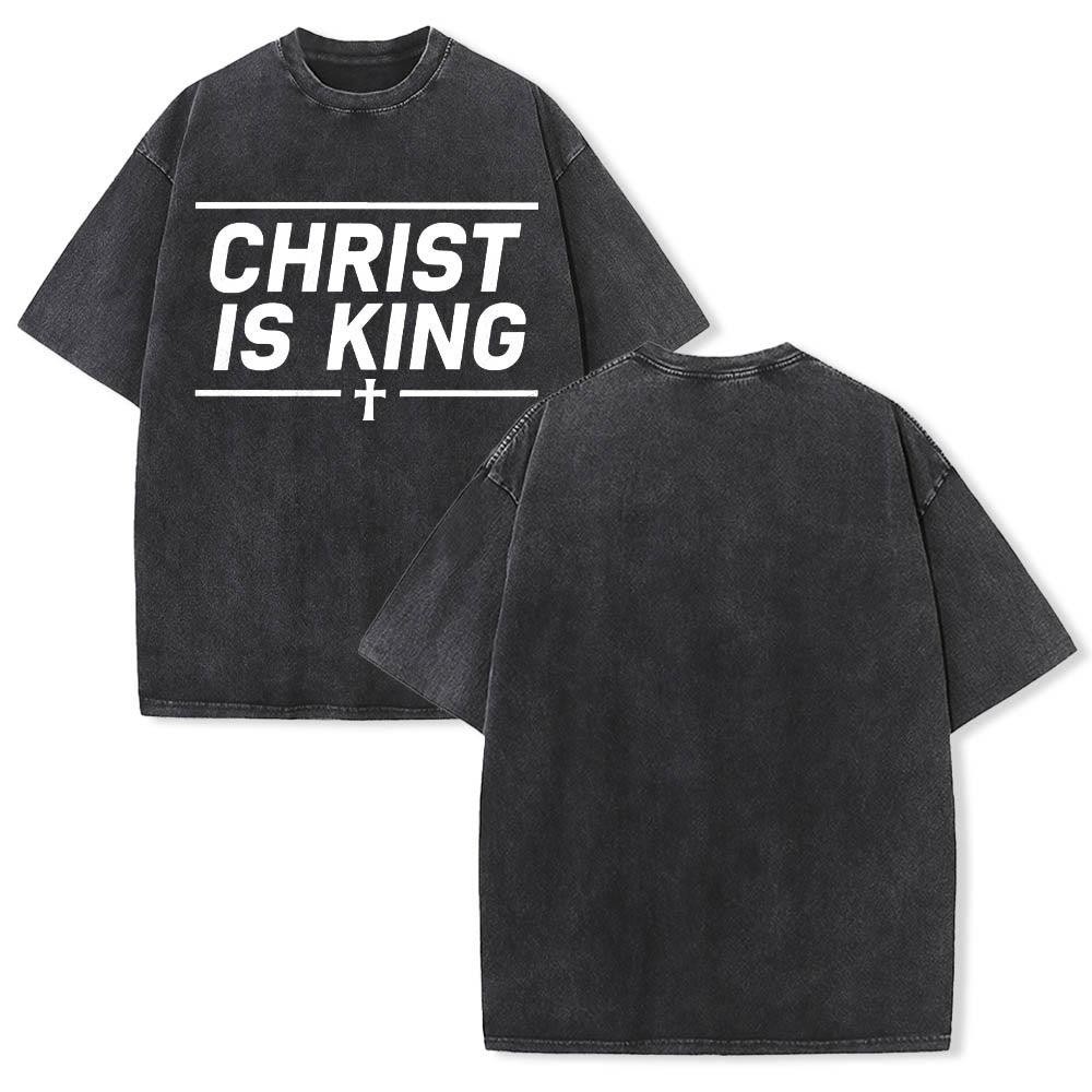 Christianartworkshop Double Horizontal Line Framed Christ Is King Centered Cross Front Print Washed T鈥慡hirt