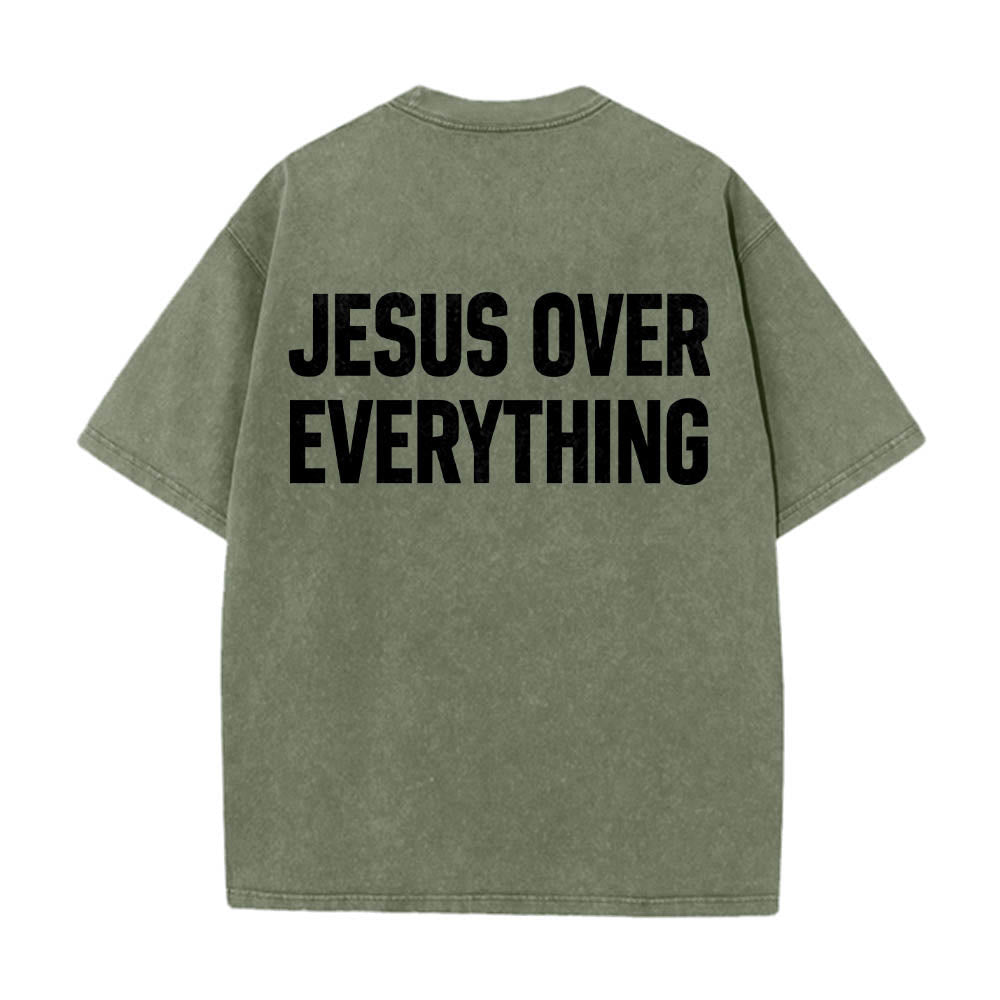 Christianartworkshop Two-Line Bold Jesus Over Everything Rear Block Letter Print Washed T鈥慡hirt