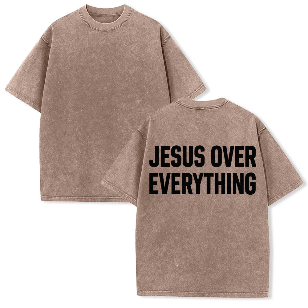 Christianartworkshop Two-Line Bold Jesus Over Everything Rear Block Letter Print Washed T鈥慡hirt