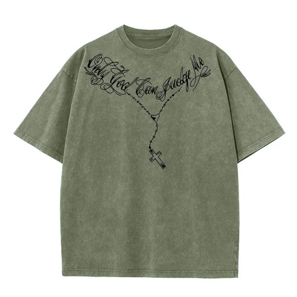 Christianartworkshop Front Cursive Slogan Rosary Cross Chain Back Thorn Crown Praying Jesus Line Washed T鈥慡hirt
