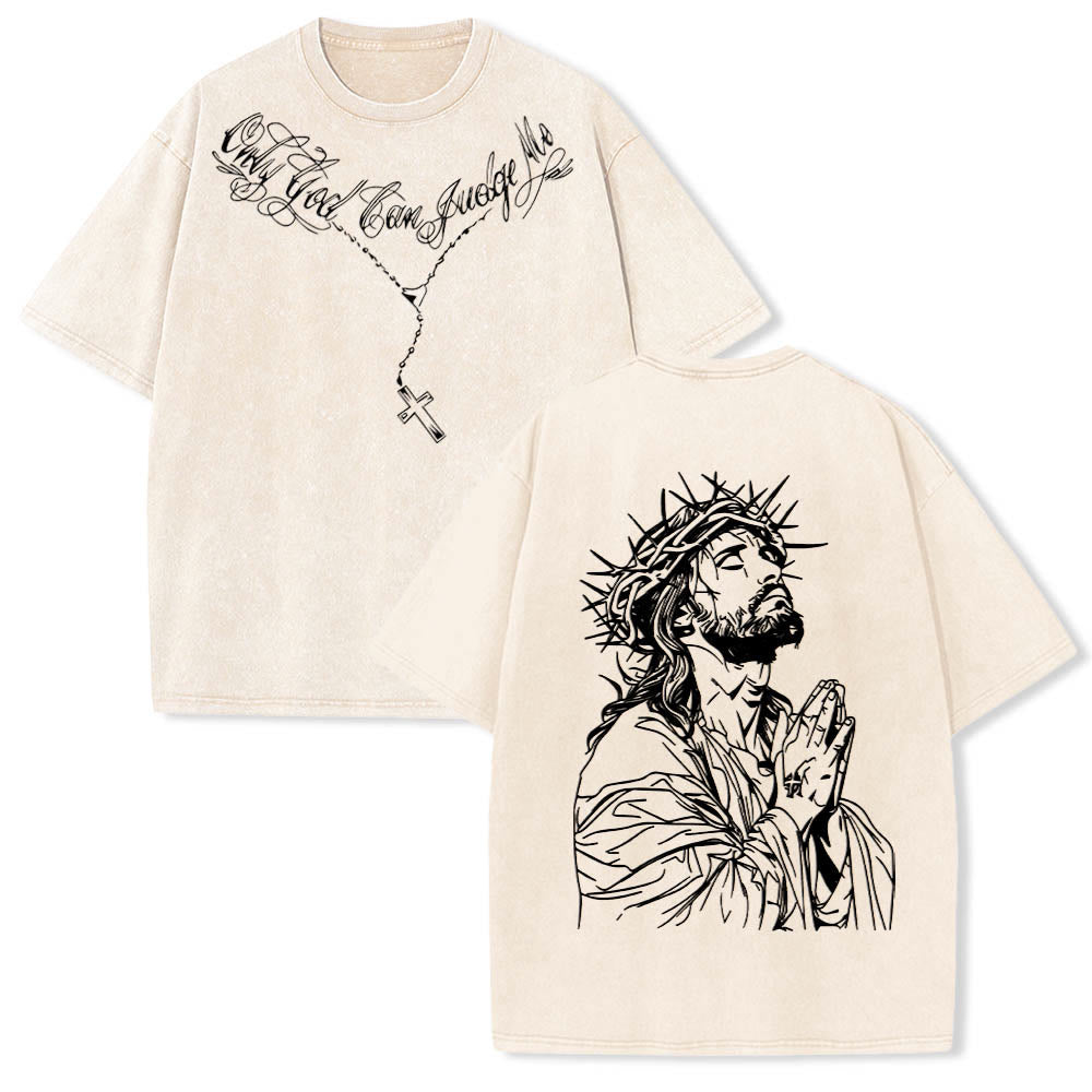 Christianartworkshop Front Cursive Slogan Rosary Cross Chain Back Thorn Crown Praying Jesus Line Washed T鈥慡hirt