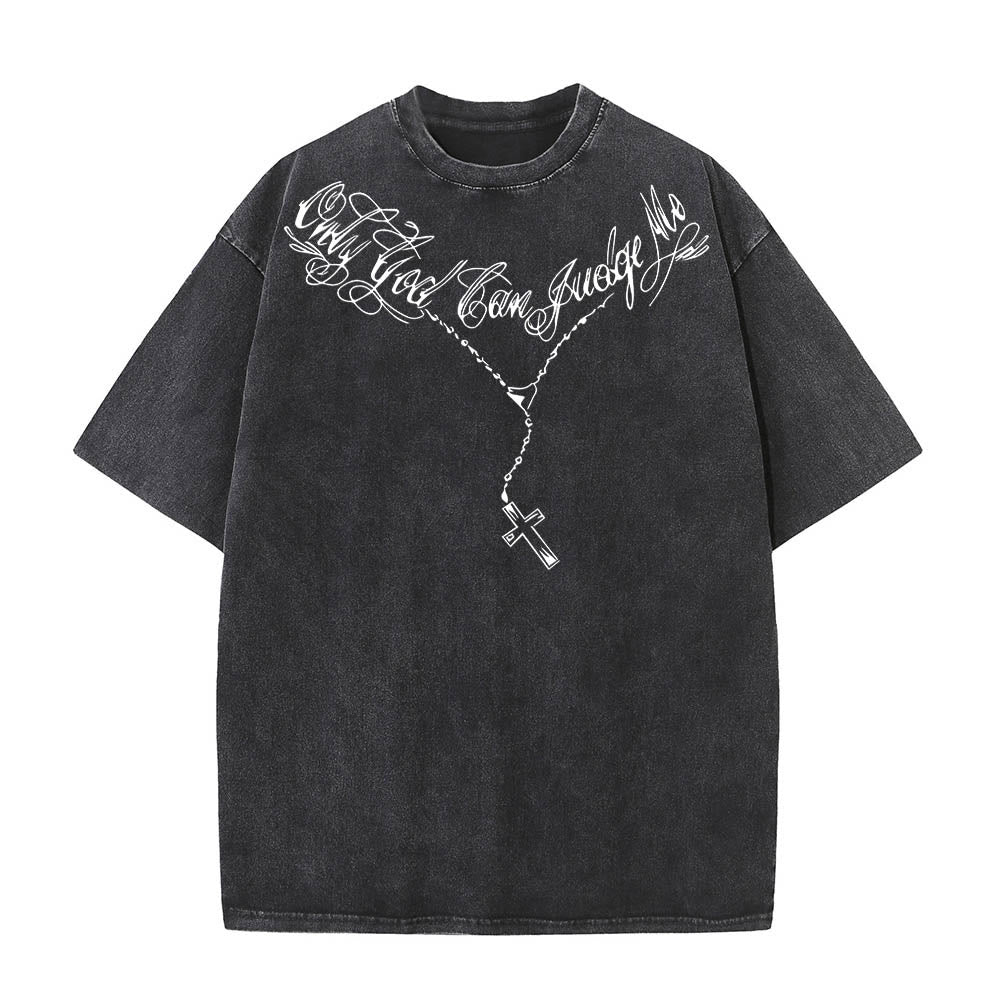 Christianartworkshop Front Cursive Slogan Rosary Cross Chain Back Thorn Crown Praying Jesus Line Washed T鈥慡hirt