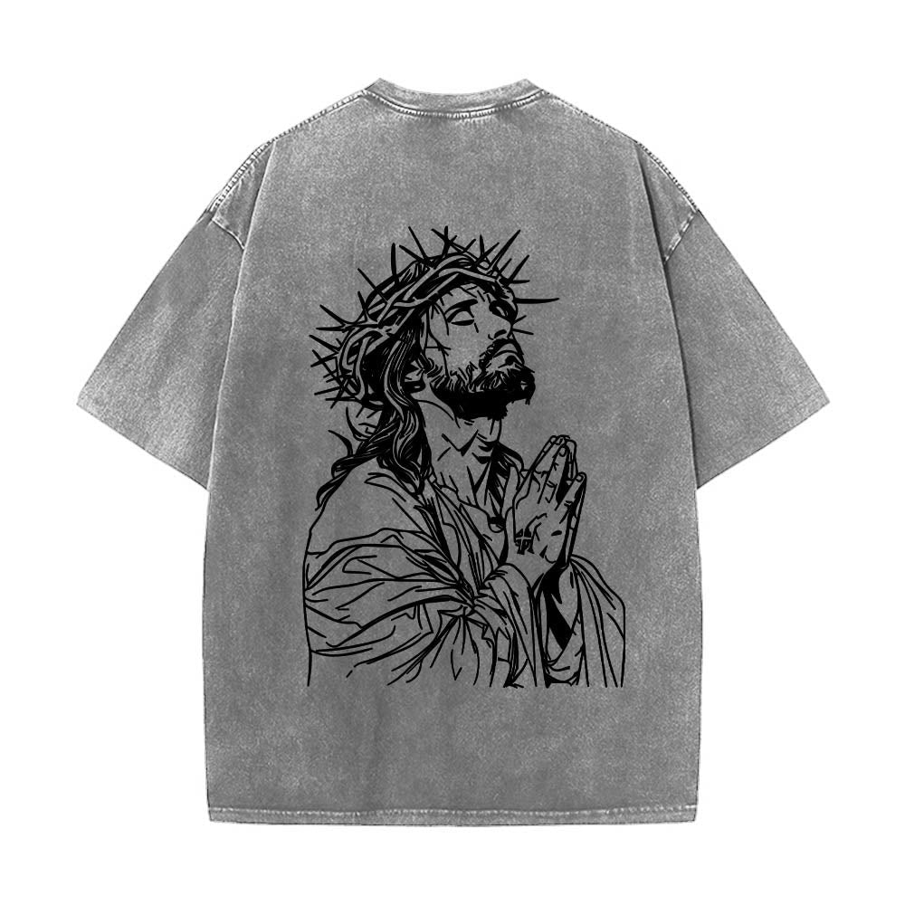 Christianartworkshop Front Cursive Slogan Rosary Cross Chain Back Thorn Crown Praying Jesus Line Washed T鈥慡hirt