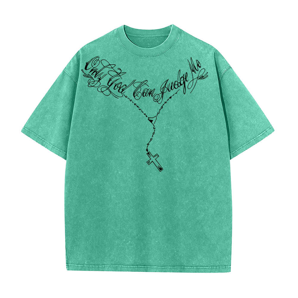 Christianartworkshop Front Cursive Slogan Rosary Cross Chain Back Thorn Crown Praying Jesus Line Washed T鈥慡hirt