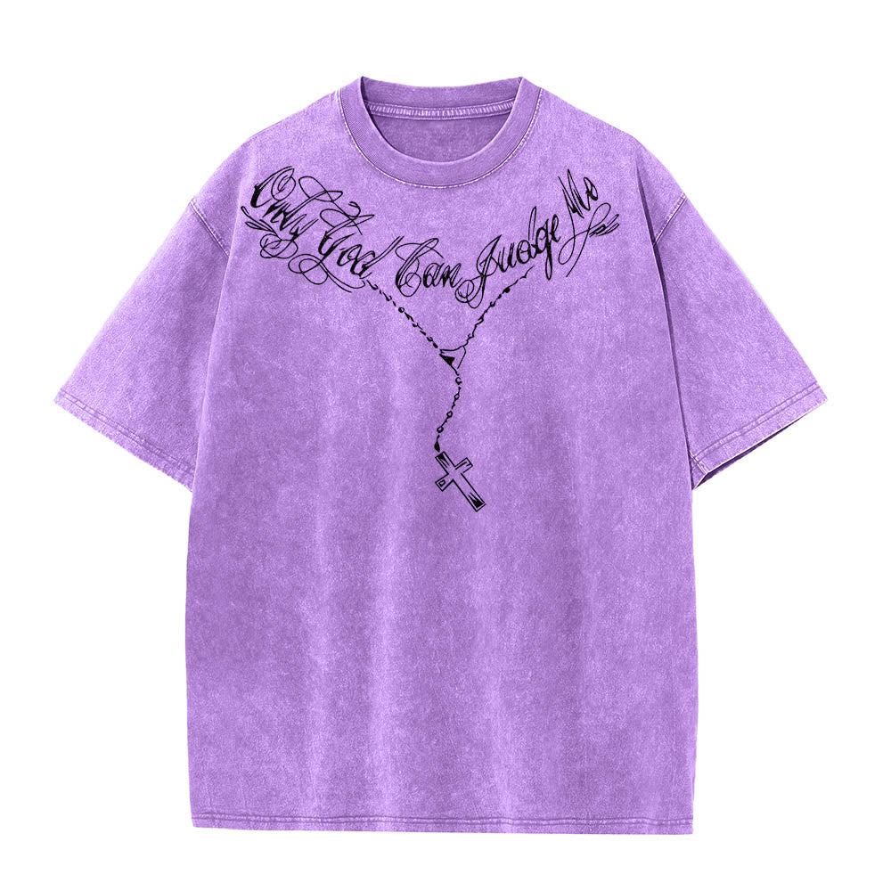 Christianartworkshop Front Cursive Slogan Rosary Cross Chain Back Thorn Crown Praying Jesus Line Washed T鈥慡hirt