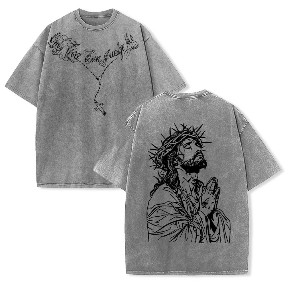 Christianartworkshop Front Cursive Slogan Rosary Cross Chain Back Thorn Crown Praying Jesus Line Washed T鈥慡hirt