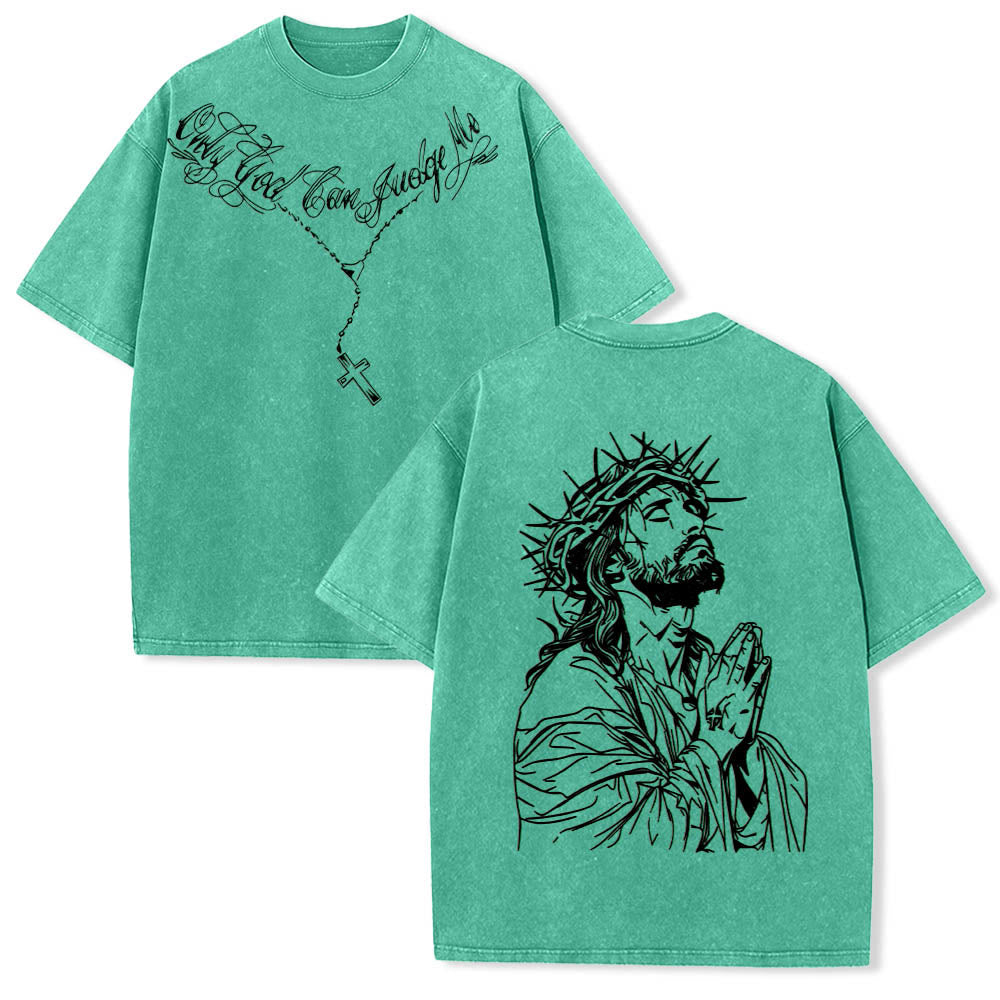 Christianartworkshop Front Cursive Slogan Rosary Cross Chain Back Thorn Crown Praying Jesus Line Washed T鈥慡hirt
