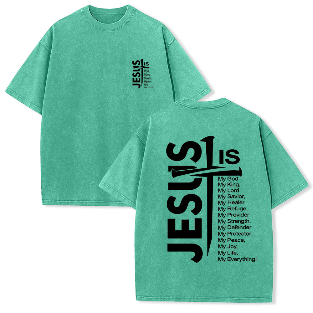 Christianartworkshop Front Mini Emblem Back Large Jesus Cross Attribute List Dual-Side Print Washed T鈥慡hirt