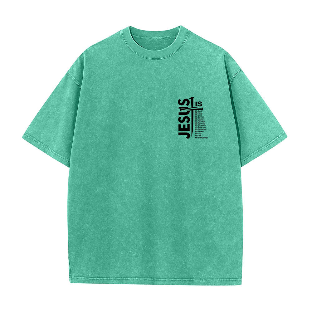Christianartworkshop Front Mini Emblem Back Large Jesus Cross Attribute List Dual-Side Print Washed T鈥慡hirt