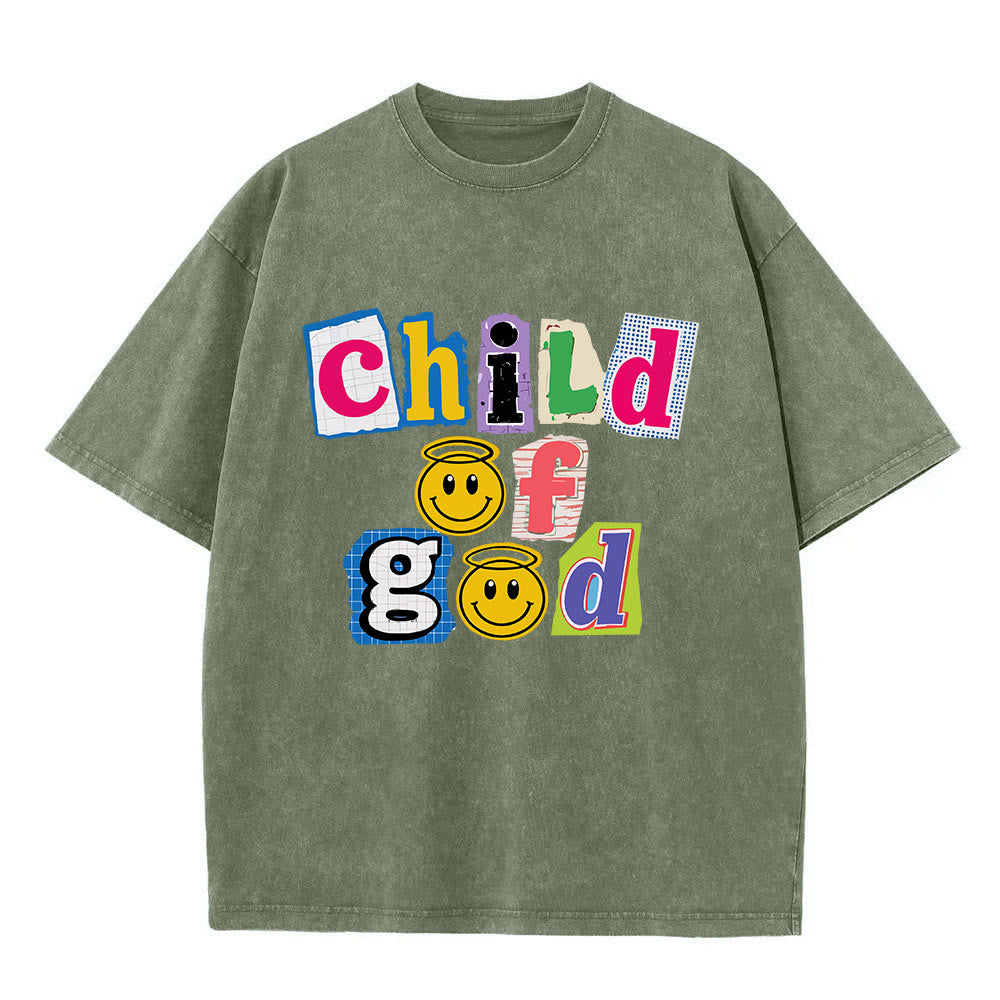 Christianartworkshop Cutout Collage Child Of God Smiley Face Inlay Front Print Washed T鈥慡hirt