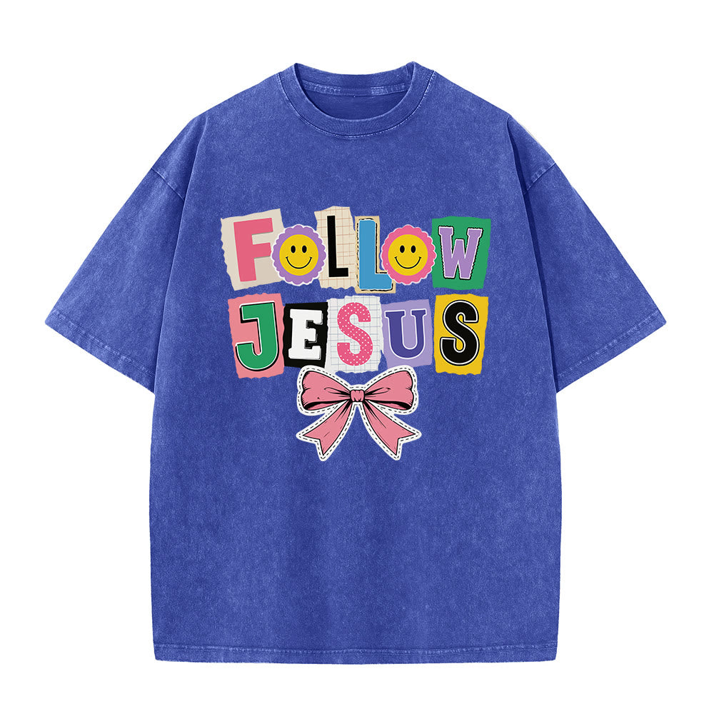 Christianartworkshop Scrapbook Letter Follow Jesus Smiley Embellishment Bow Ornament Washed T鈥慡hirt
