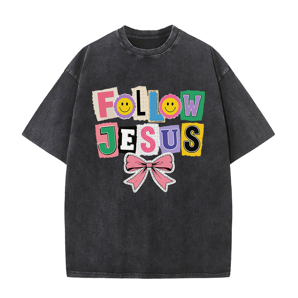 Christianartworkshop Scrapbook Letter Follow Jesus Smiley Embellishment Bow Ornament Washed T鈥慡hirt