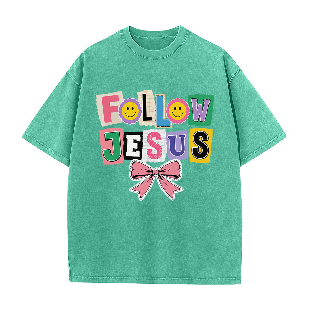 Christianartworkshop Scrapbook Letter Follow Jesus Smiley Embellishment Bow Ornament Washed T鈥慡hirt