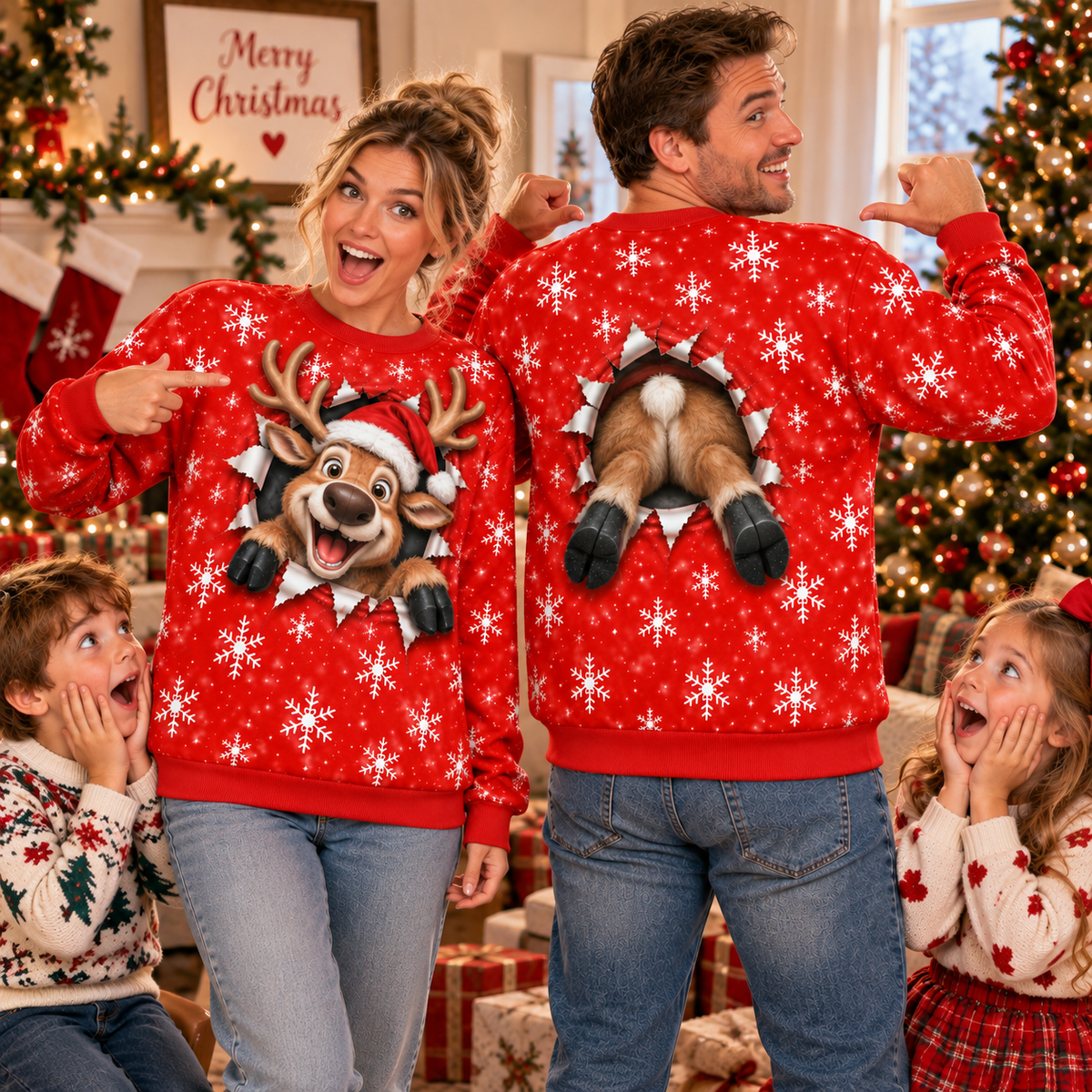 Funny Christmas Reindeer 3D Illusion Sweatshirt, Front & Back Holiday Ugly Christmas Sweater