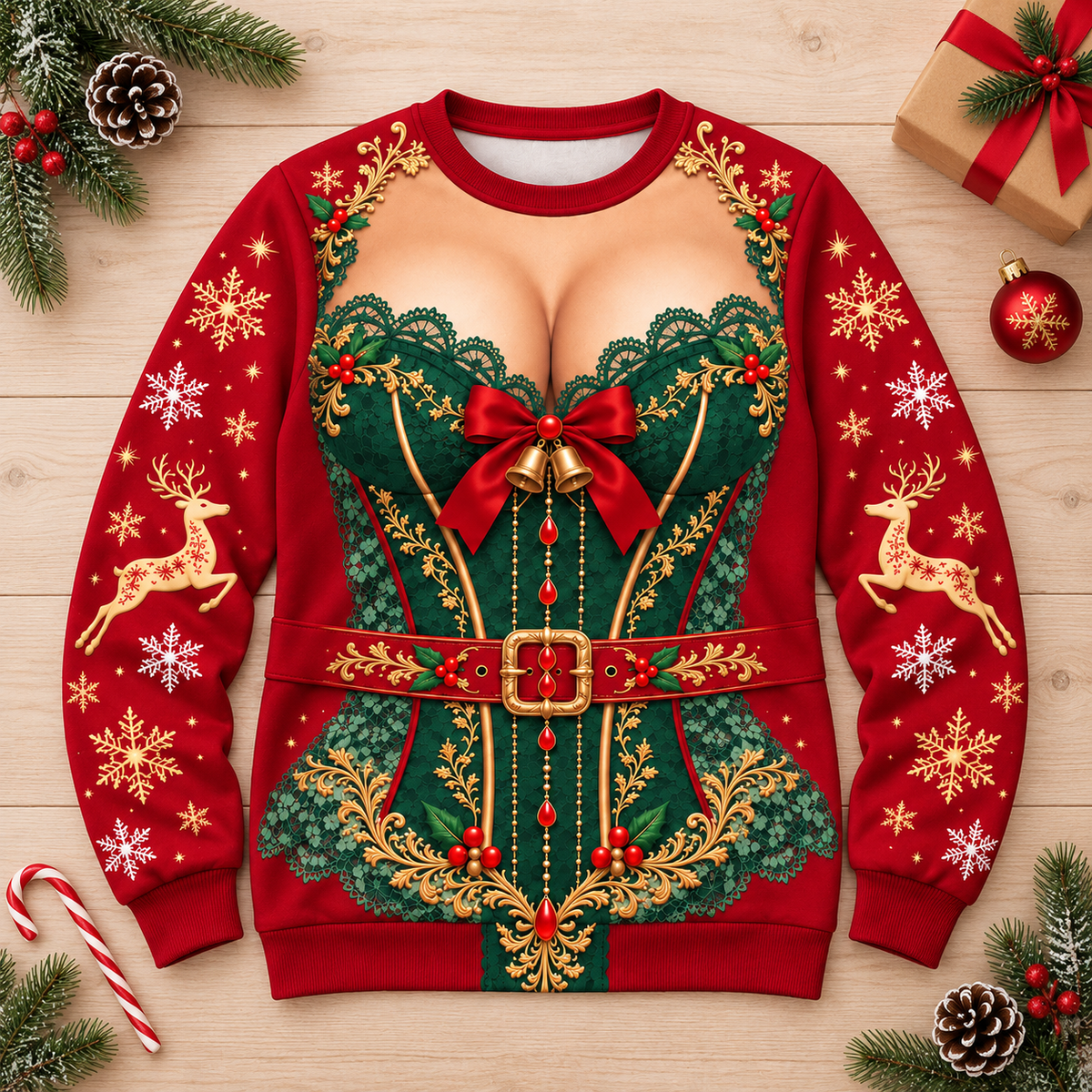 Women’s Reindeer Lace Christmas Sweatshirt – Funny Festive Holiday Pullover