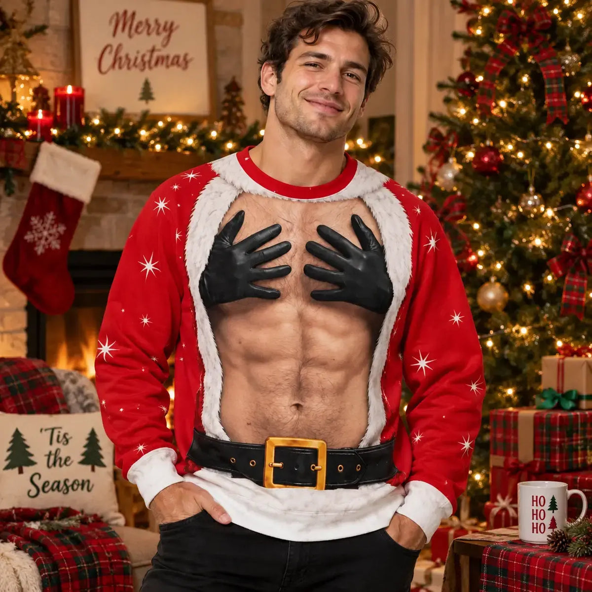 Funny 3D Santa Hairy Chest Ugly Christmas Sweater – Novelty Holiday Sweatshirt