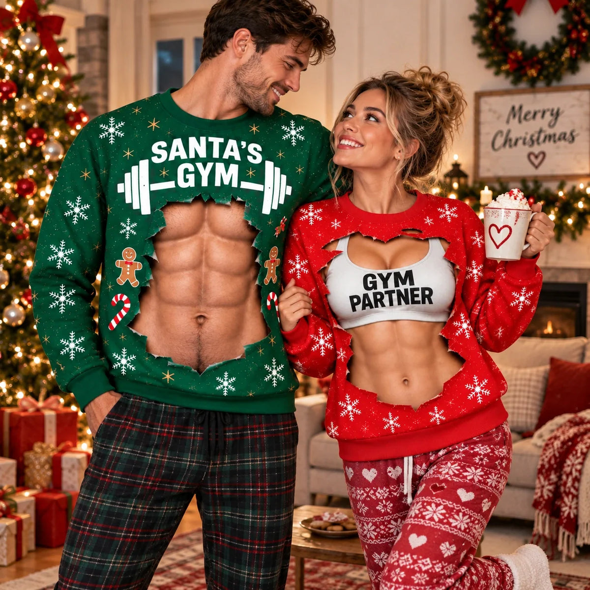 Christmas Optical Illusion Couple Sweatshirts — Santa’s Gym & Gym Partner Product Description