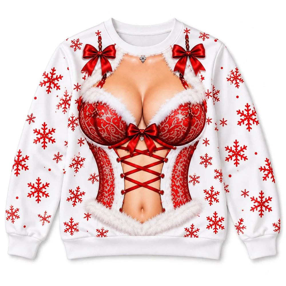Funny Christmas Santa Corset Illusion Sweatshirt – Playful Snowflake Holiday Crewneck