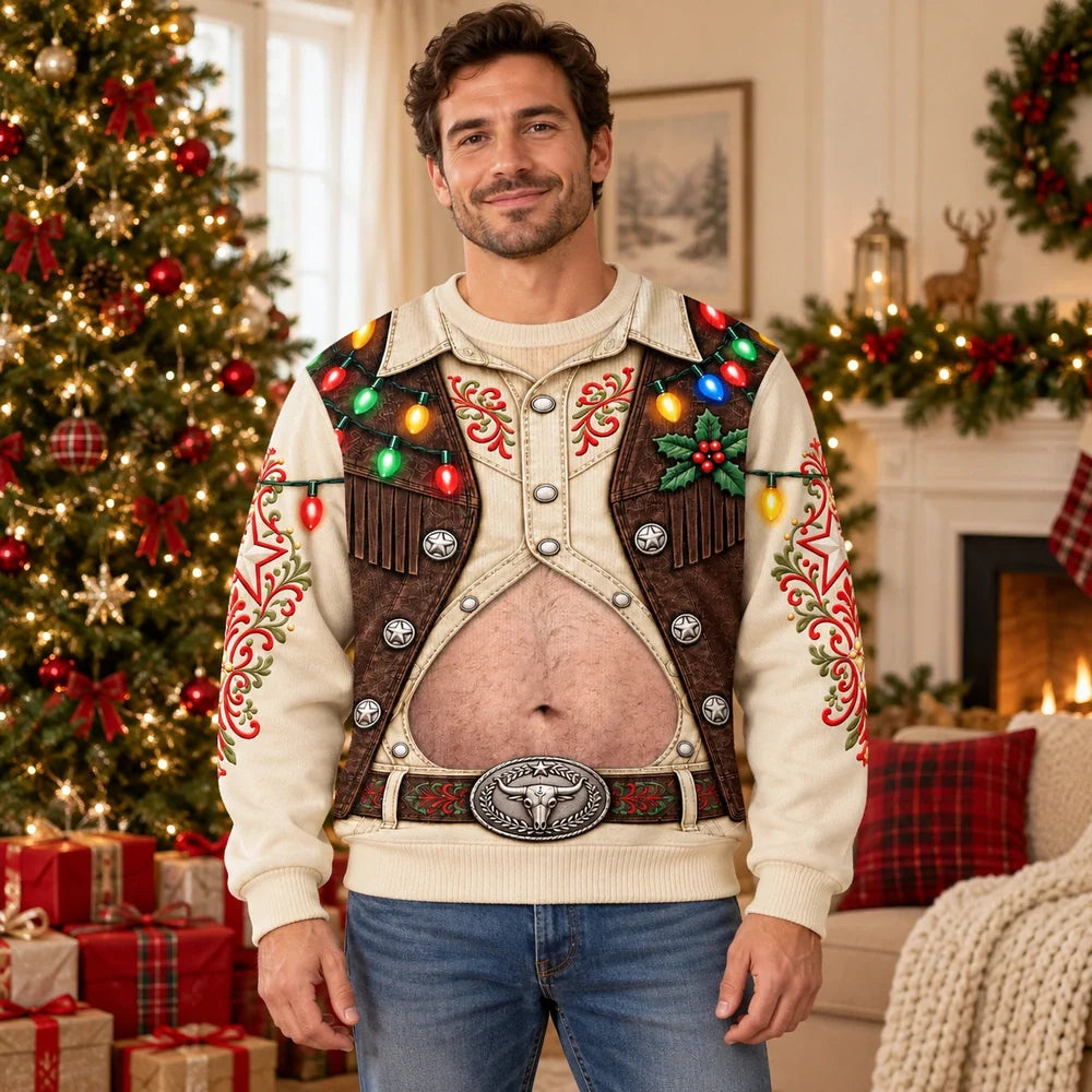 Funny Christmas Cowboy Belly Sweatshirt – Western Holiday Lights Pullover