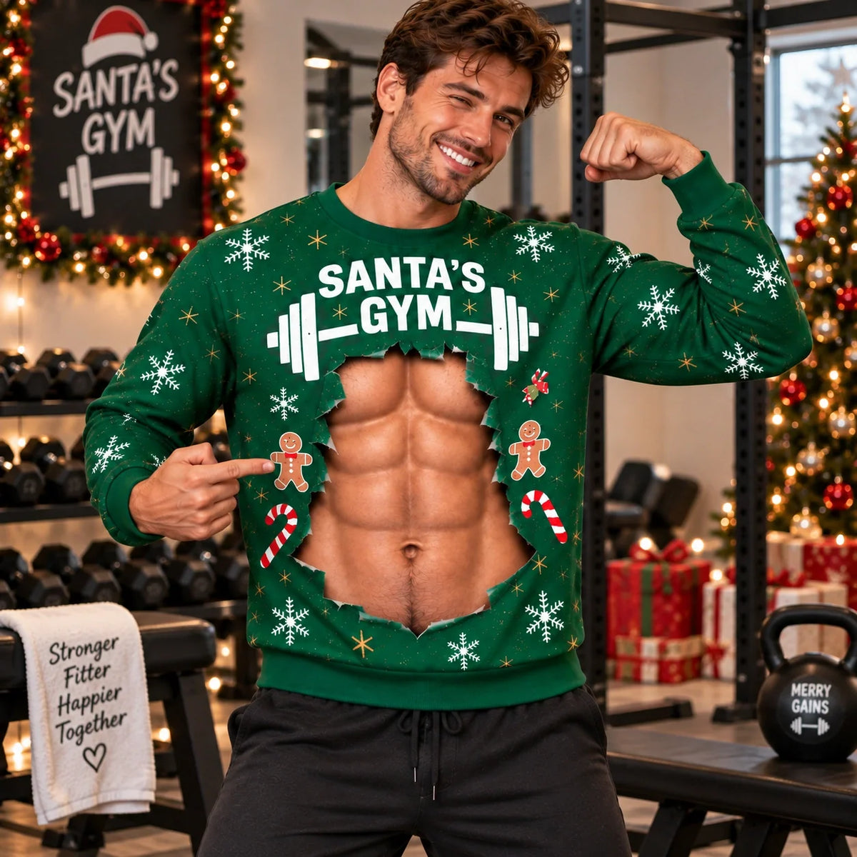 Christmas Optical Illusion Couple Sweatshirts — Santa’s Gym & Gym Partner Product Description