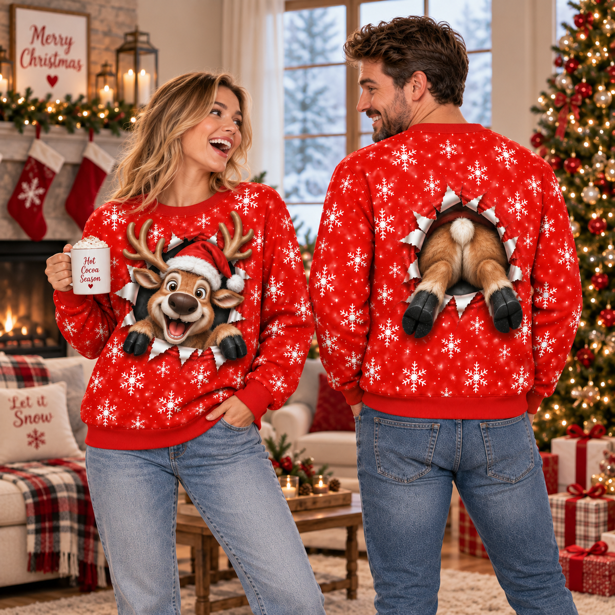 Funny Christmas Reindeer 3D Illusion Sweatshirt, Front & Back Holiday Ugly Christmas Sweater