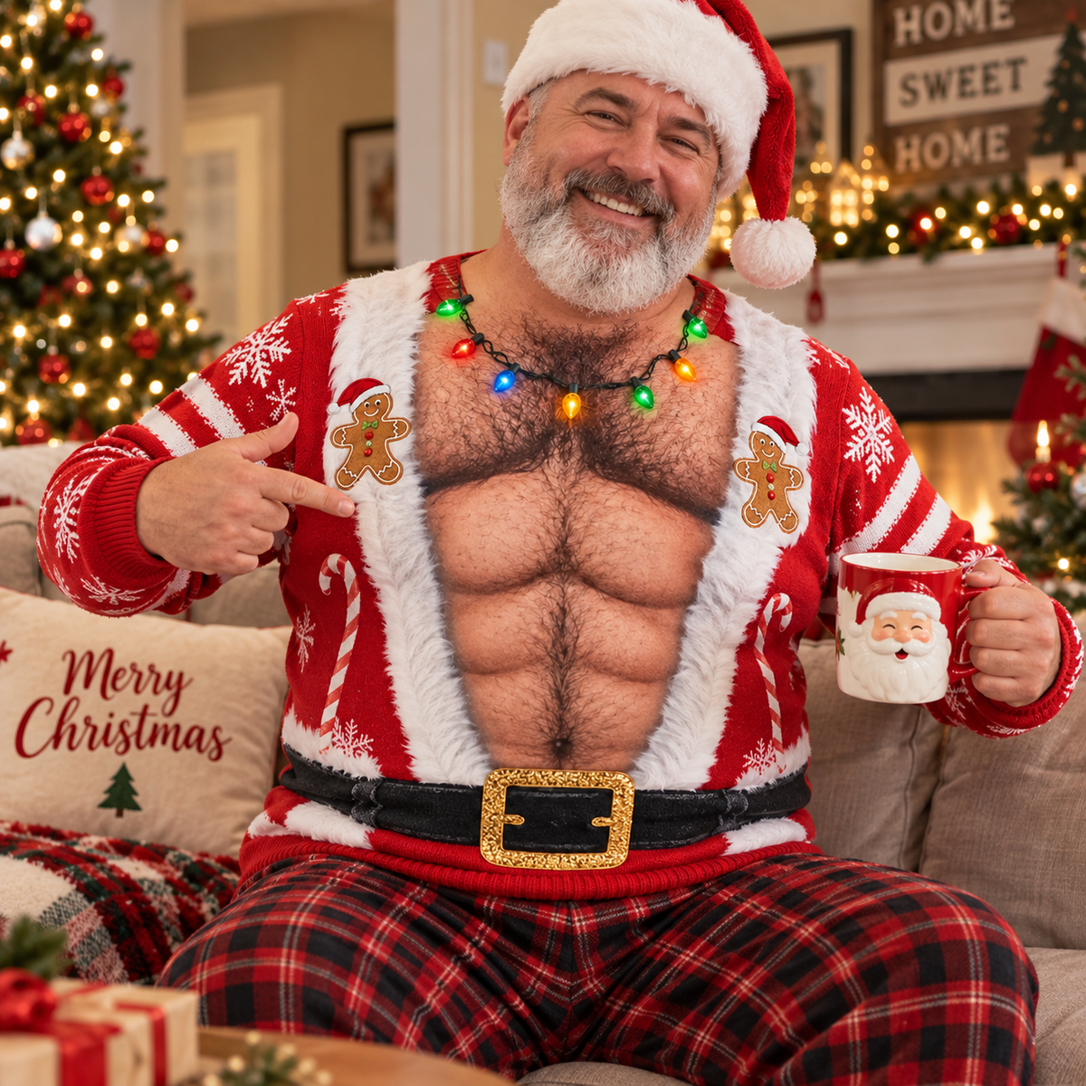 Custom Skin Tone Santa Hairy Chest Ugly Christmas Sweater – Funny Body Illusion Holiday Sweatshirt