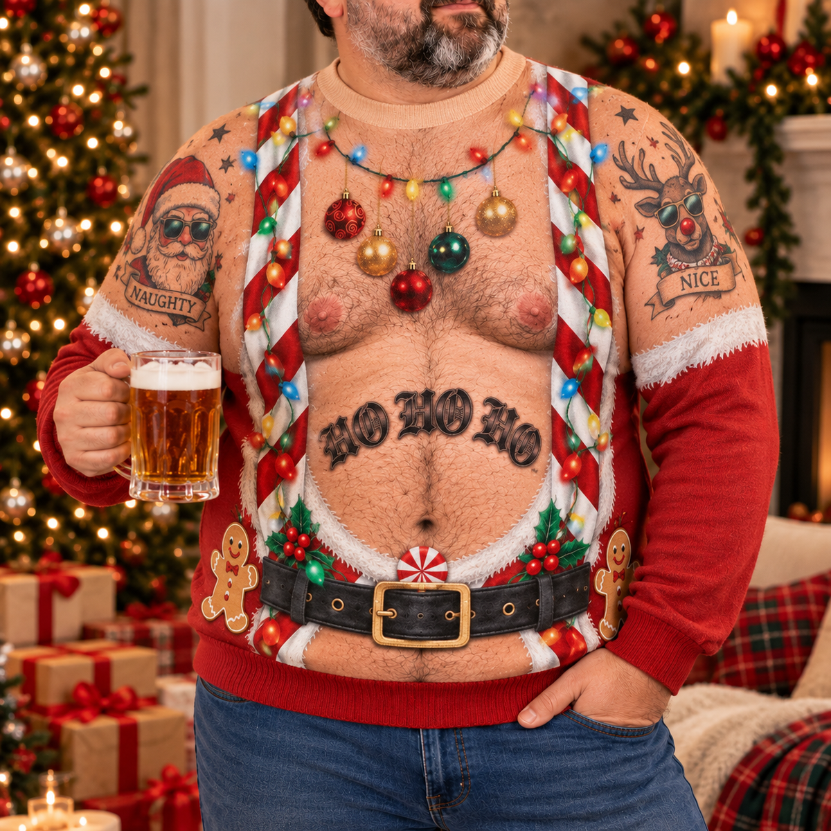 Custom Skin Tone Christmas Sweatshirt – Funny Printed Santa Body Illusion Sweater