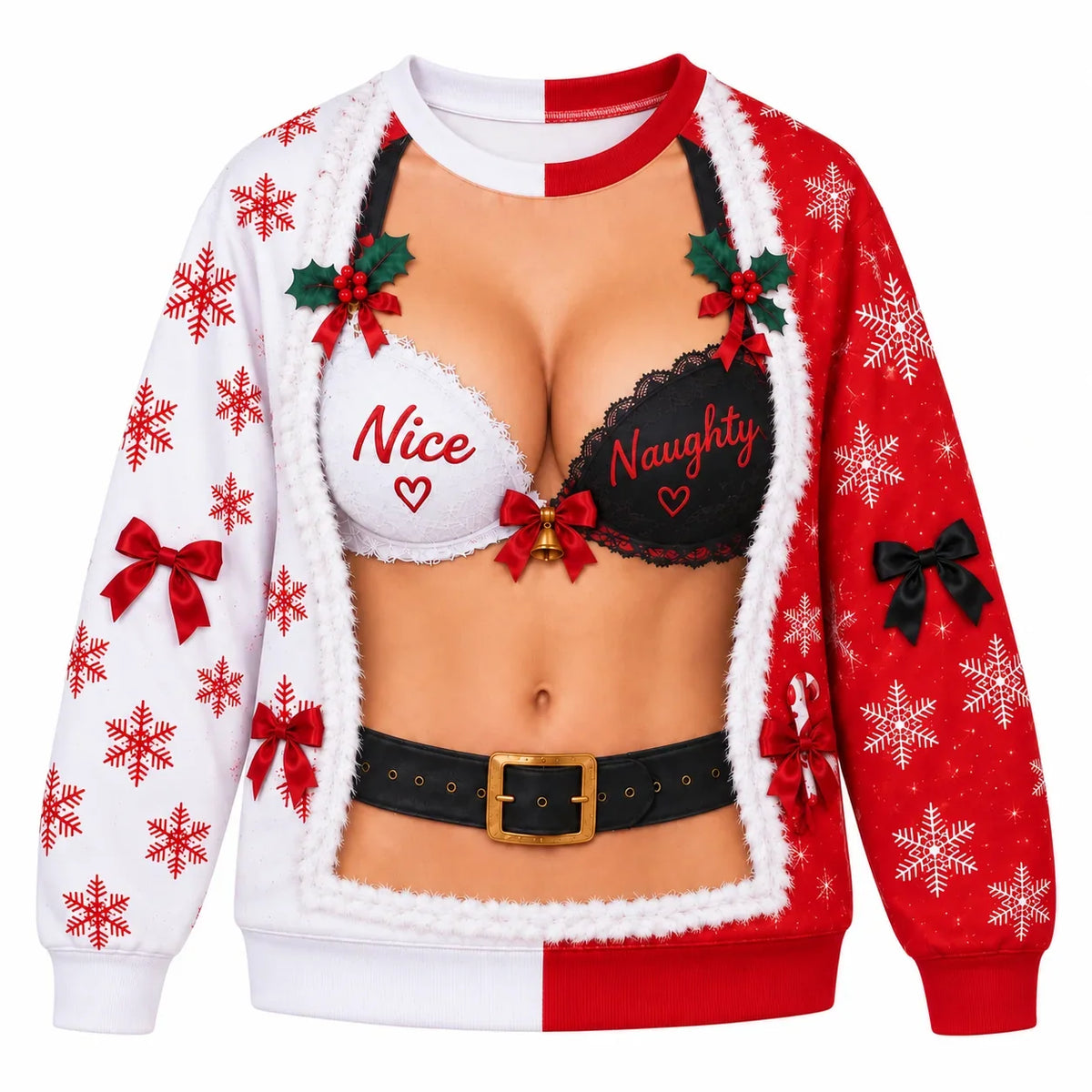 Funny Nice Naughty Christmas Sweatshirt for Women – Split Red & White Holiday Novelty Pullover
