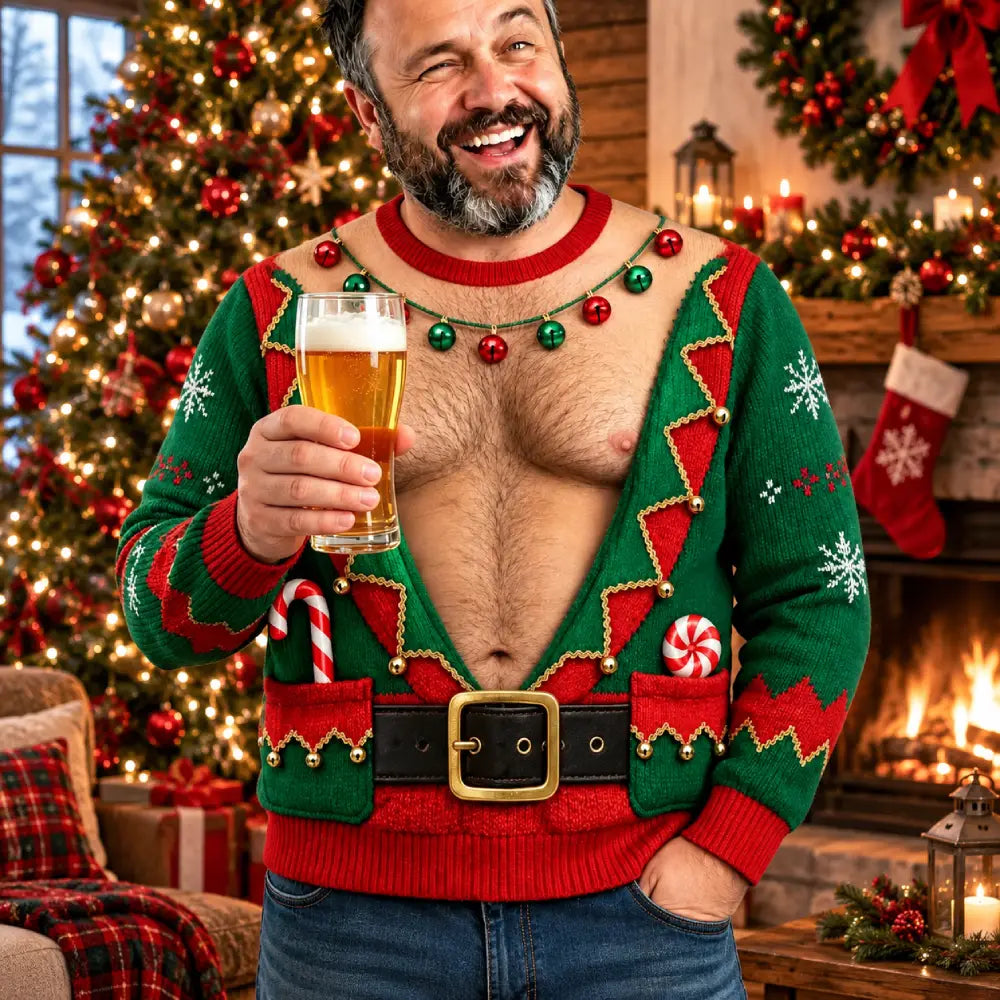 Funny Christmas Sweater for Men, Optical Illusion Ugly Christmas Sweater, Fake Open Chest & Belt Design, Novelty Holiday Party Gift