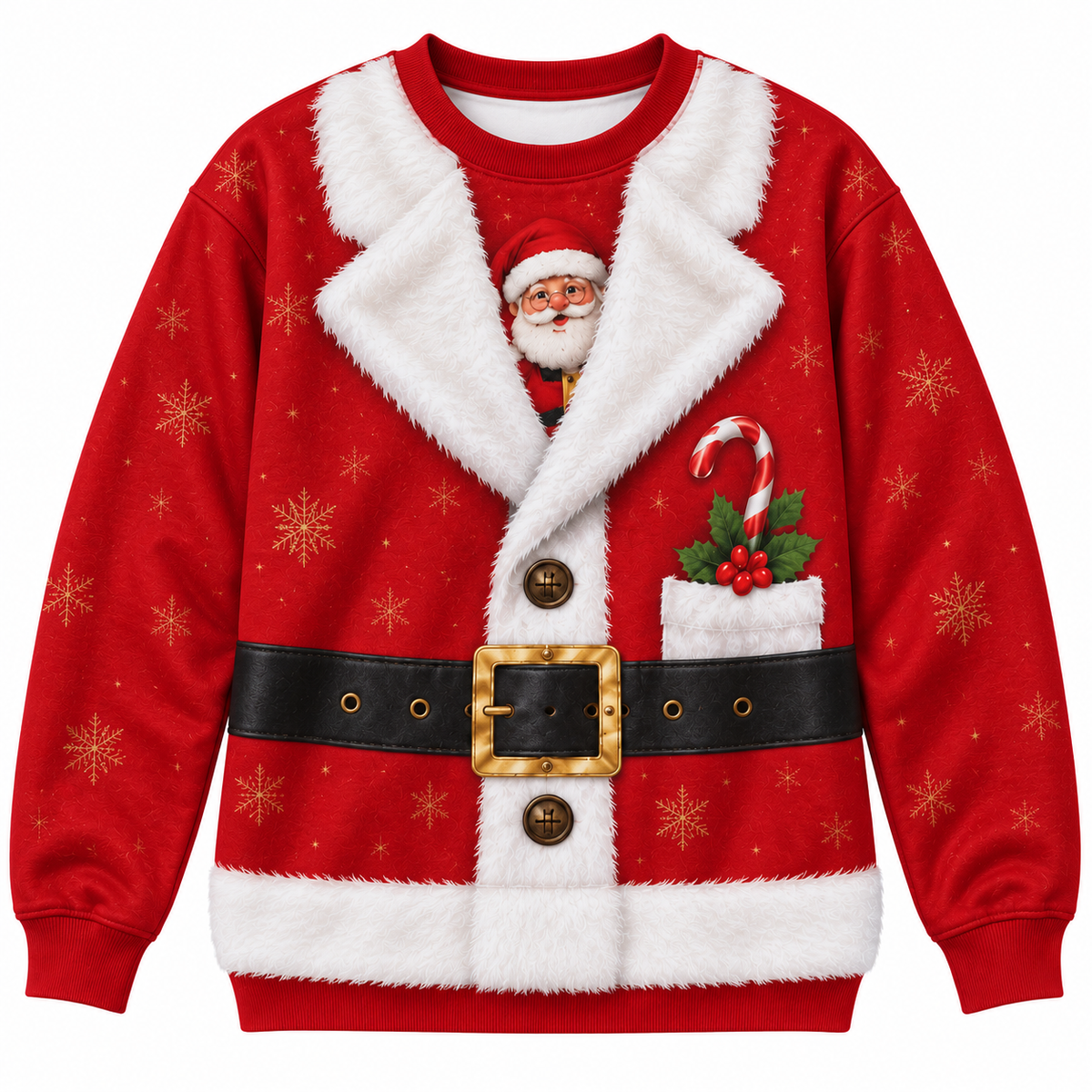 Unisex Santa Claus Christmas Sweatshirt – Festive Snowflake Print, Faux Fur Trim & Santa Belt Holiday Pullover