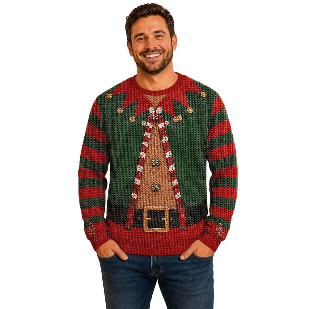 Funny Christmas Elf Sweater, Optical Illusion Ugly Christmas Sweater, Fake Belt & Open Vest Design, Novelty Holiday Party Gift
