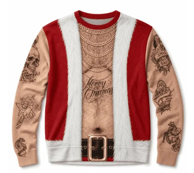Custom Skin Tone Bad Santa Tattoo Sleeve Crewneck – Funny Hairy Chest Ugly Christmas Sweatshirt