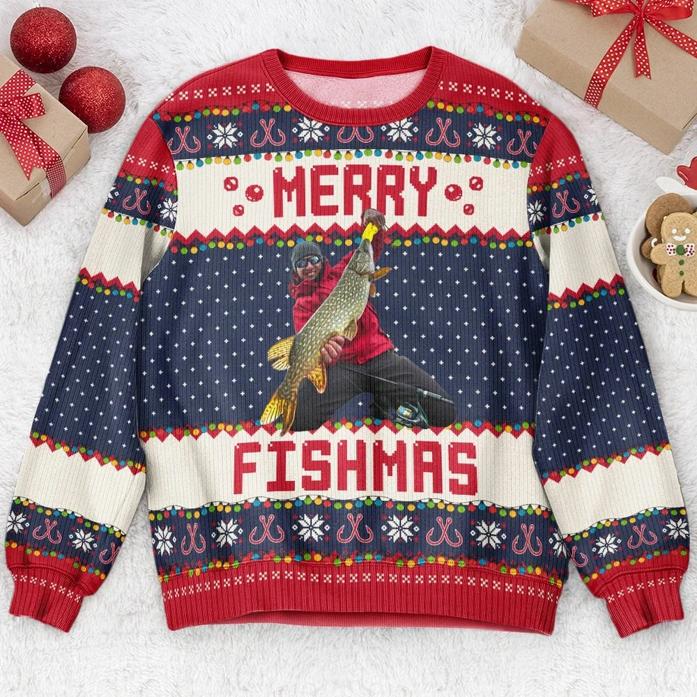 Merry Fishmas Gift For Fishing Lovers - Personalized Photo Ugly Sweater