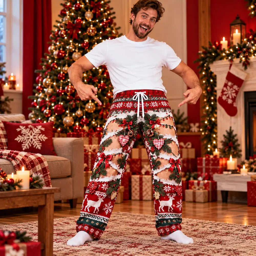 Men's Funny Christmas Pajama Pants – 3D Printed Ripped-Look Holiday Lounge Pants