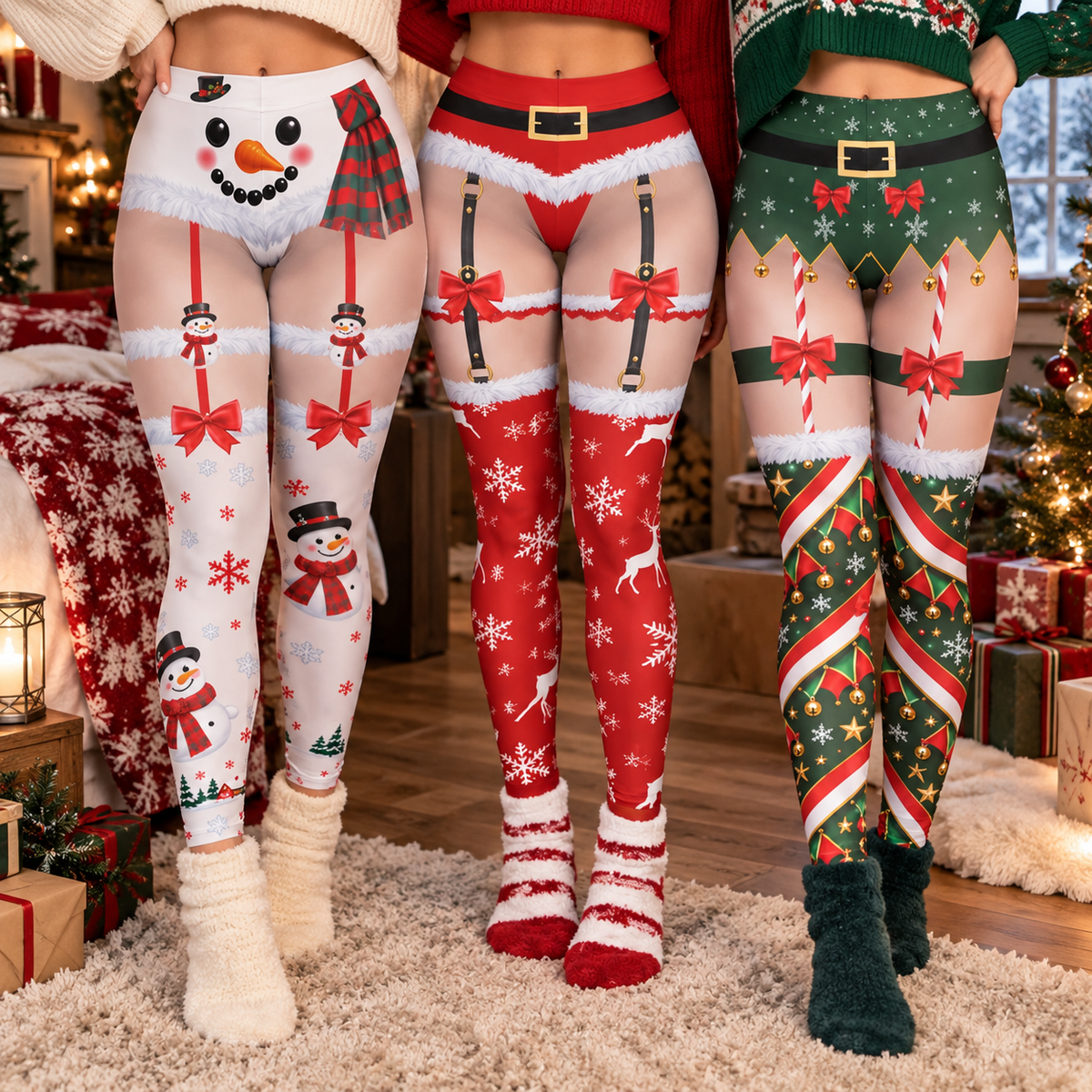 Funny Santa Lingerie Illusion Christmas Leggings – Women’s Sexy Holiday Party Pants
