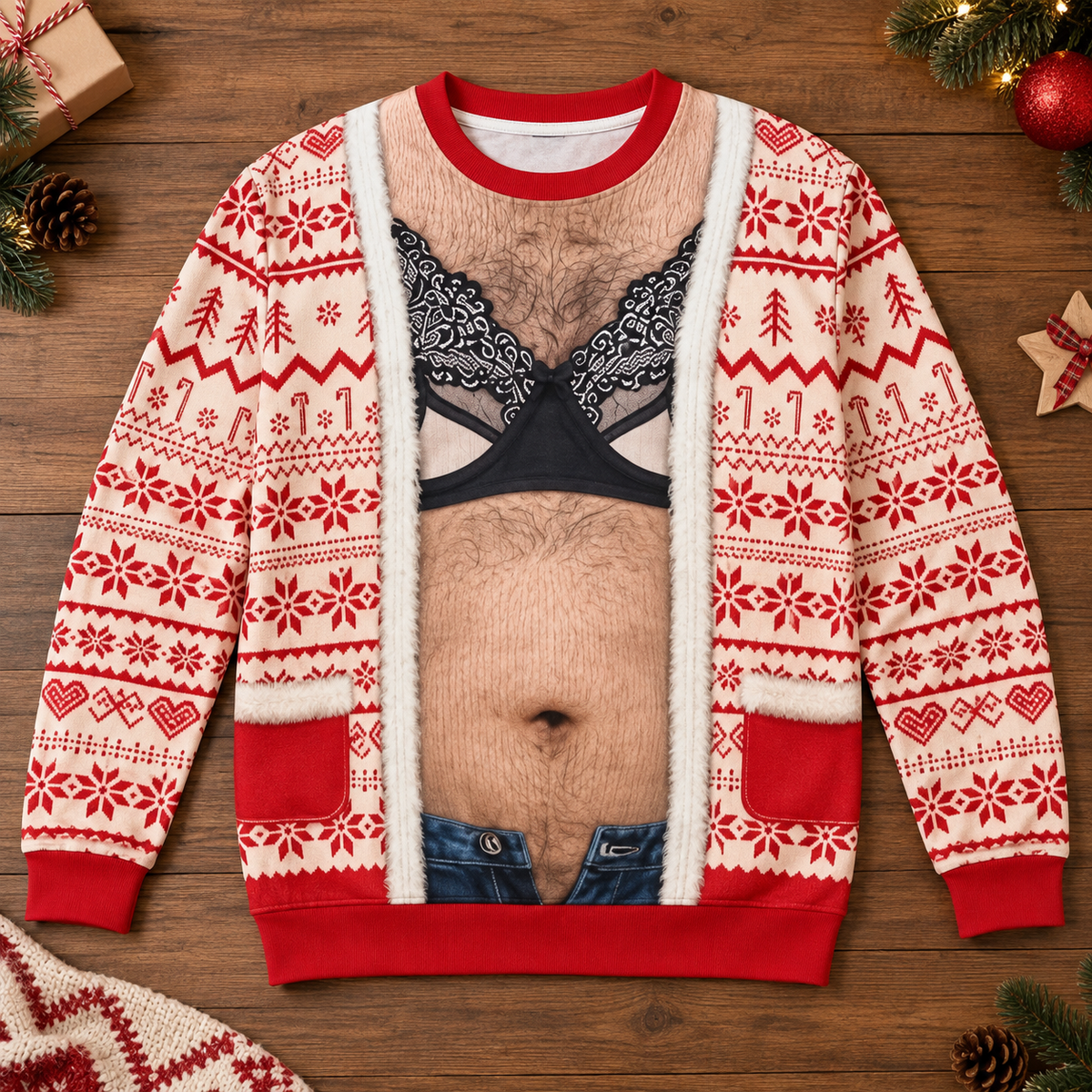Funny Lace Bra Body Illusion Christmas Sweatshirt – Men’s Ugly Christmas Novelty Pullover