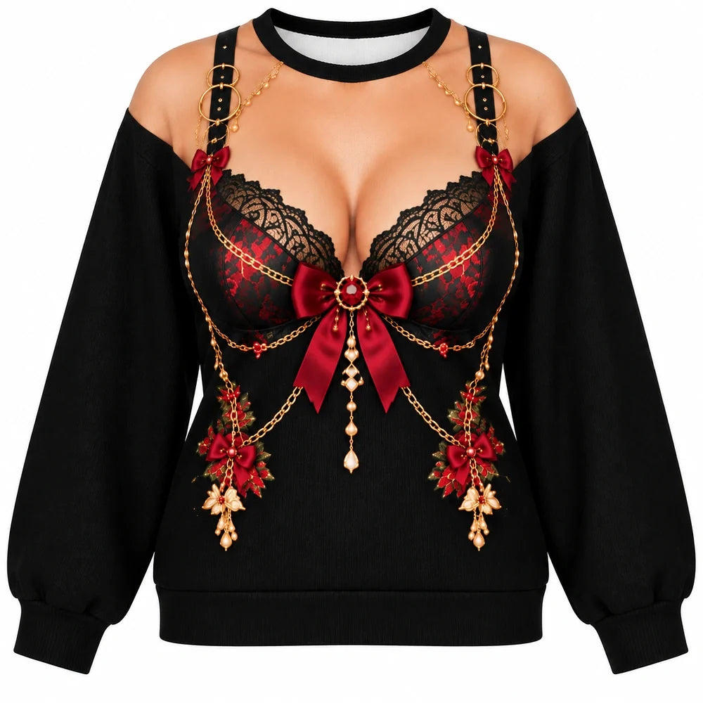 Sexy Christmas Bow Lace Sweatshirt & Leggings Set – Women’s Festive Holiday Outfit