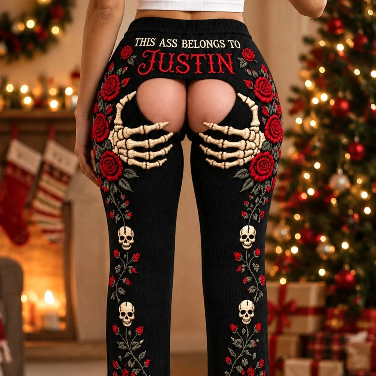 Personalized Skeleton Hands Leggings – Custom Name Sexy Rose & Skull Print Leggings, Romantic Gift for Her