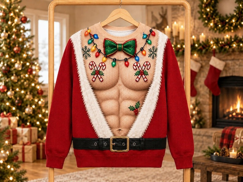 Funny Hairy Chest Ugly Christmas Sweater, Fake Abs Santa Holiday Party Sweatshirt, Hilarious Novelty Christmas Pullover for Men, Xmas Gift