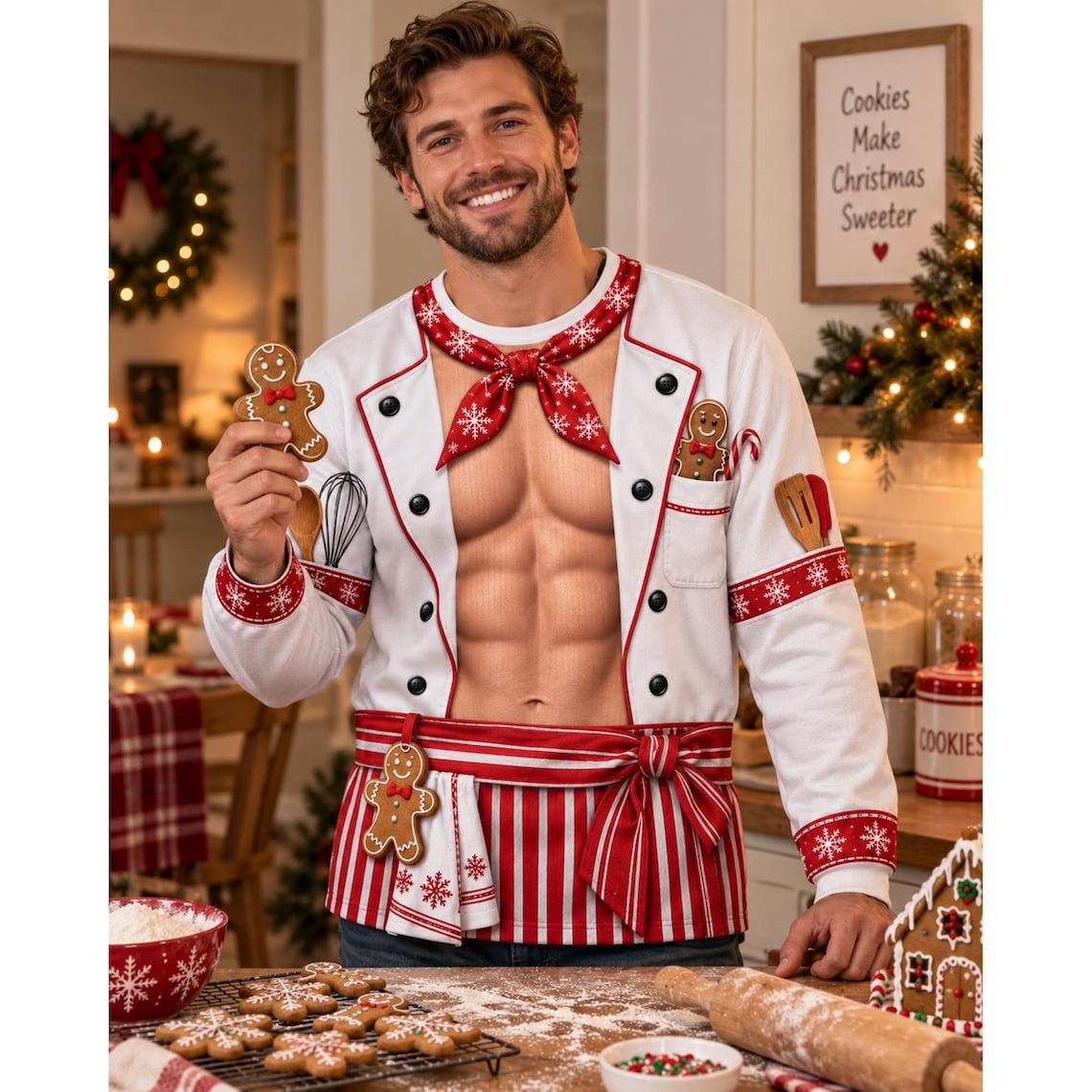 Funny Baker Christmas Sweatshirt – 3D Muscle Chef Design